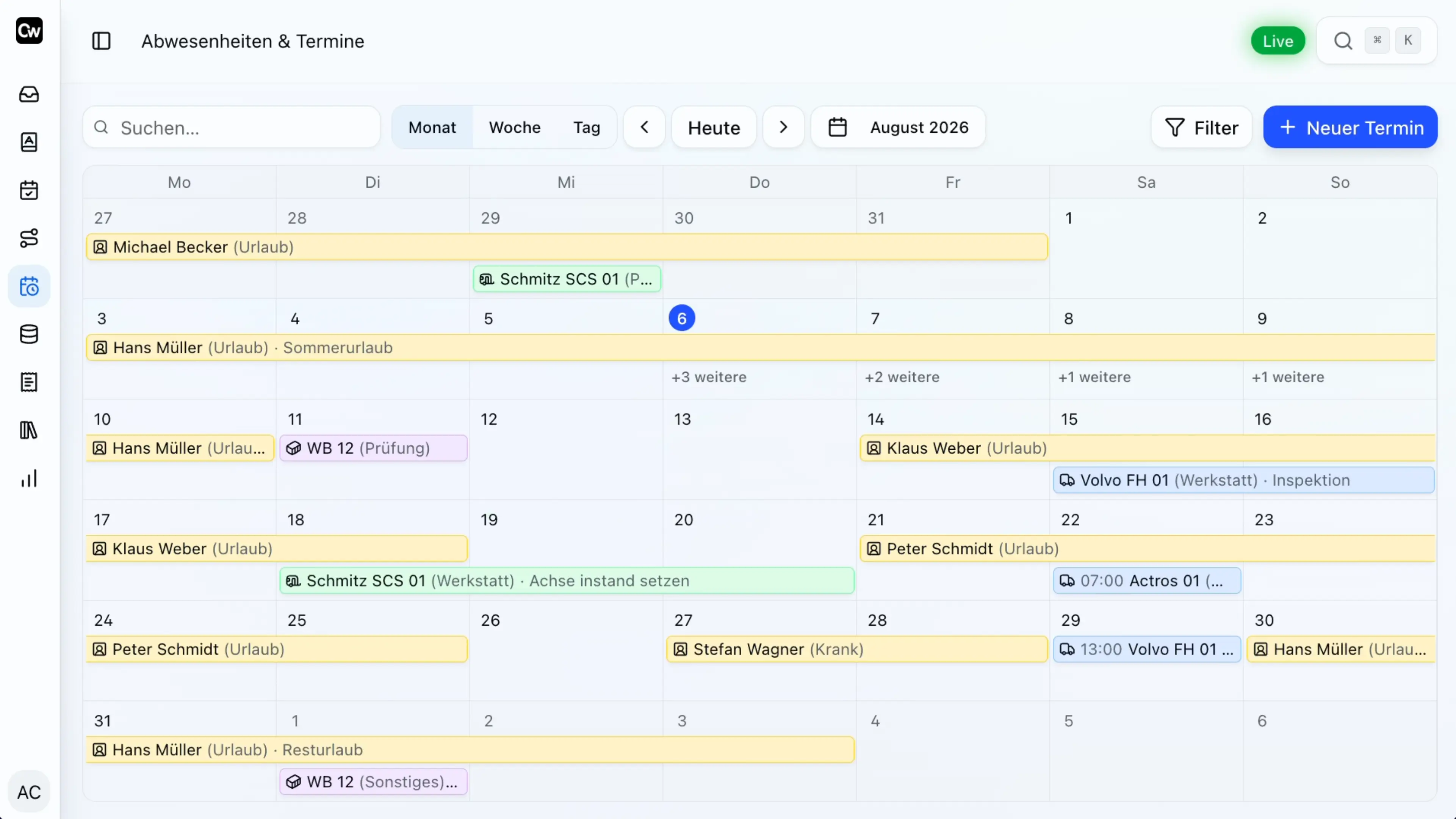 CargoWiz Kalender für Abwesenheiten und Termine – Urlaub, Krankheit, Werkstatt und Prüfung für Fahrer und Equipment
