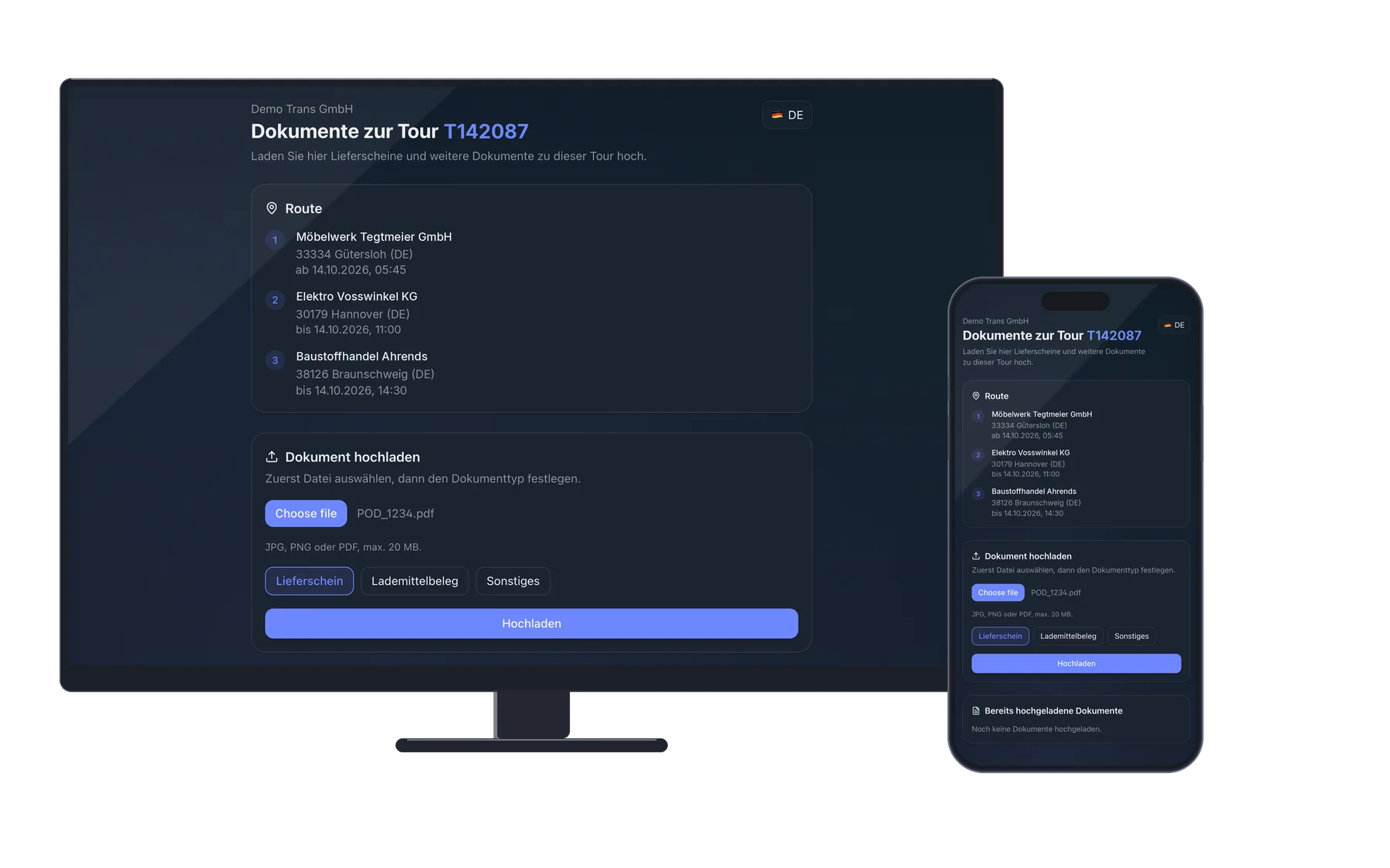 CargoWiz Upload-Portal für Frachtführer auf Desktop und Smartphone – Route der Tour und Dokument-Upload